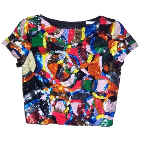 $440 Sequins Alice + Olivia Kaleidoscopic Crop Top 2 COLORFUL Back Stretch Panel - Picture 7 of 16
